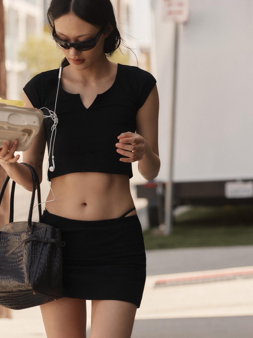 Zara Black Short-Sleeve Crop Top with Notch Detail